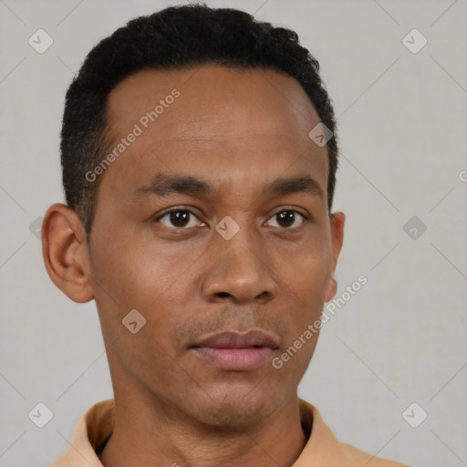 Neutral black young-adult male with short  black hair and brown eyes