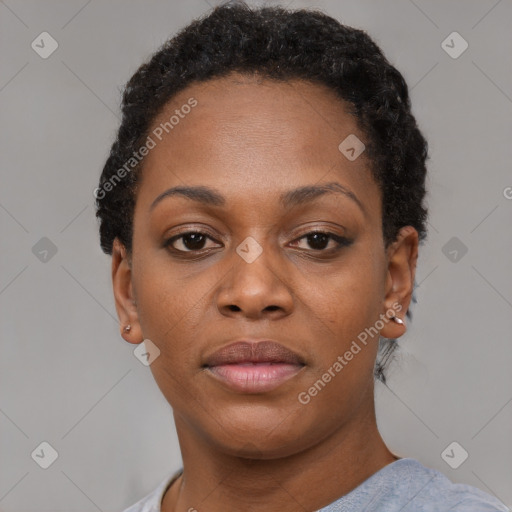 Neutral black young-adult female with short  black hair and brown eyes