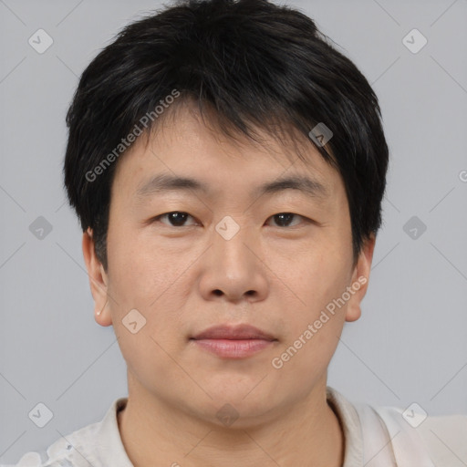 Neutral asian young-adult male with short  brown hair and brown eyes