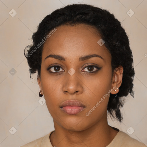 Neutral black young-adult female with short  black hair and brown eyes