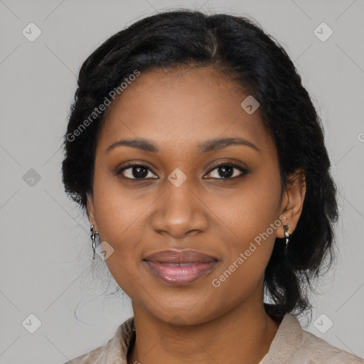 Joyful black young-adult female with medium  black hair and brown eyes