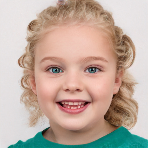 Joyful white child female with short  brown hair and blue eyes