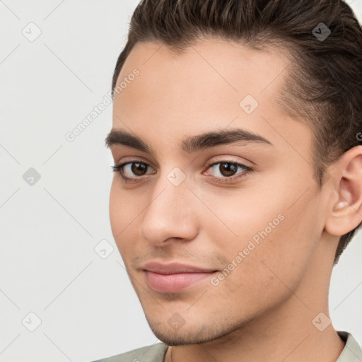 Neutral white young-adult male with short  brown hair and brown eyes