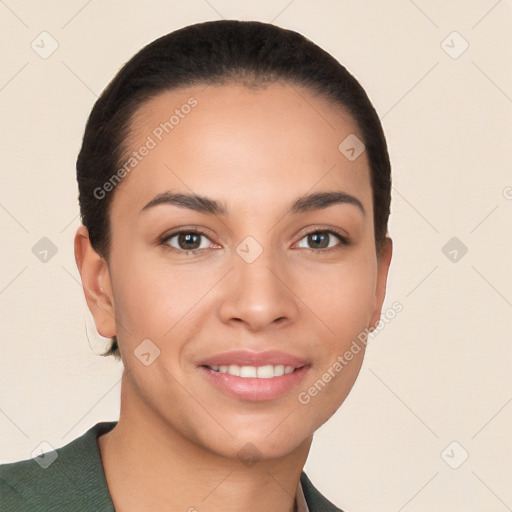 Joyful white young-adult female with short  brown hair and brown eyes