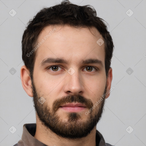 Neutral white young-adult male with short  brown hair and brown eyes