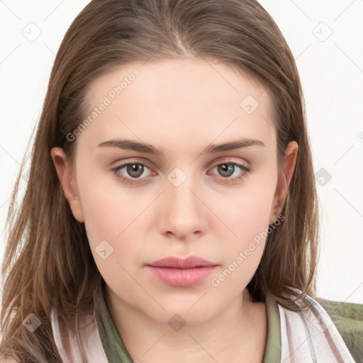 Neutral white young-adult female with long  brown hair and brown eyes