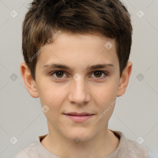 Joyful white child male with short  brown hair and brown eyes