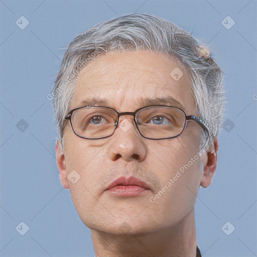 Neutral white middle-aged male with short  gray hair and brown eyes