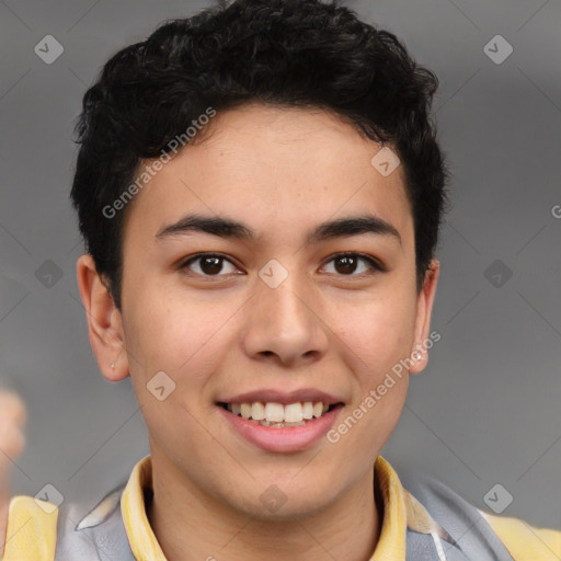 Joyful latino young-adult male with short  brown hair and brown eyes