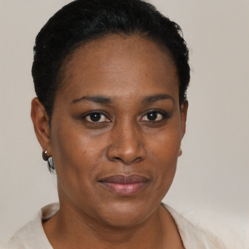 Neutral black young-adult female with short  black hair and brown eyes