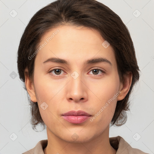 Neutral white young-adult female with medium  brown hair and brown eyes