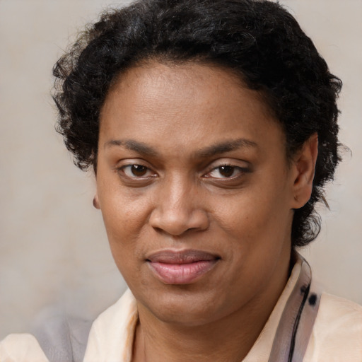 Joyful black adult female with short  brown hair and brown eyes