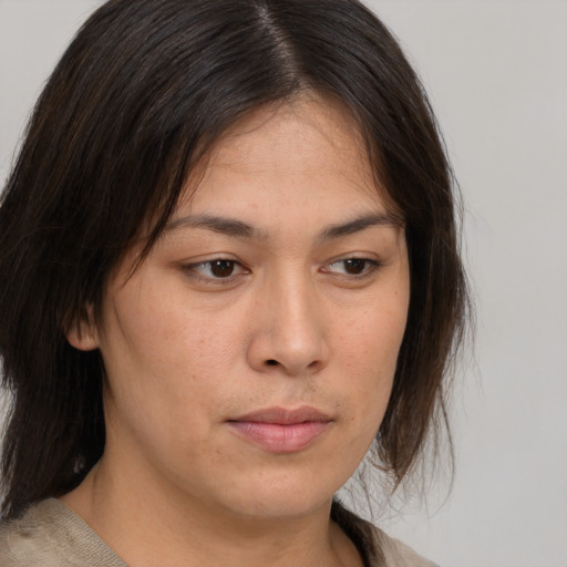 Neutral white young-adult female with medium  brown hair and brown eyes
