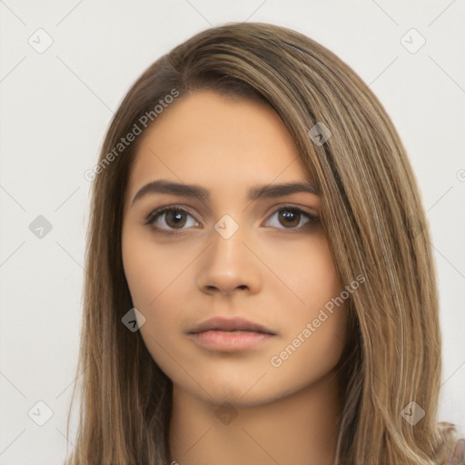 Neutral white young-adult female with long  brown hair and brown eyes