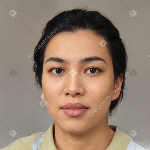 Neutral asian young-adult female with medium  black hair and brown eyes