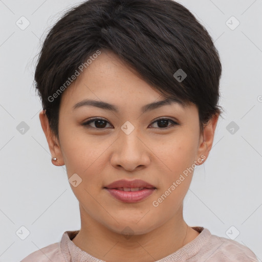 Joyful asian young-adult female with short  brown hair and brown eyes