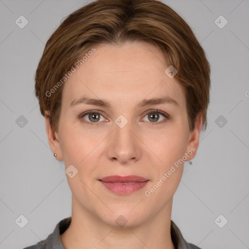 Joyful white young-adult female with short  brown hair and grey eyes