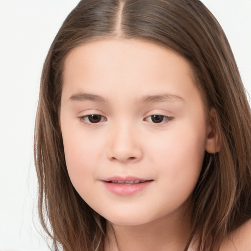 Joyful white child female with long  brown hair and brown eyes