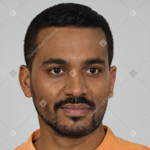 Neutral black young-adult male with short  black hair and brown eyes