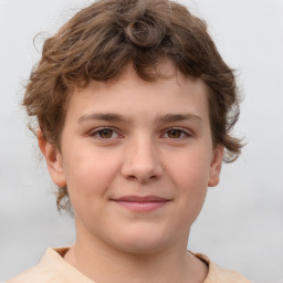 Joyful white child female with short  brown hair and brown eyes