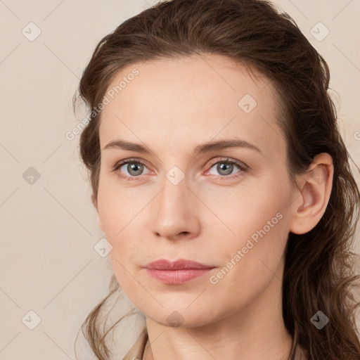 Neutral white young-adult female with long  brown hair and grey eyes