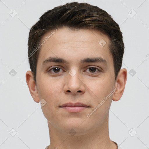 Neutral white young-adult male with short  brown hair and brown eyes