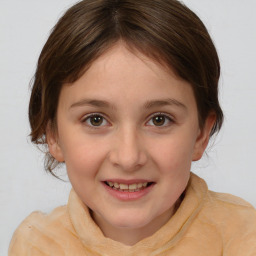 Joyful white child female with medium  brown hair and brown eyes