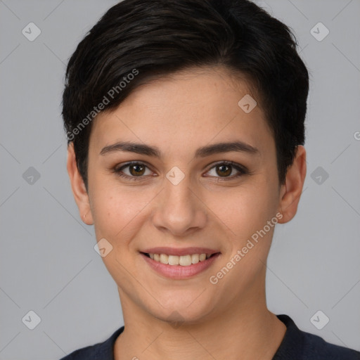 Joyful white young-adult female with short  brown hair and brown eyes