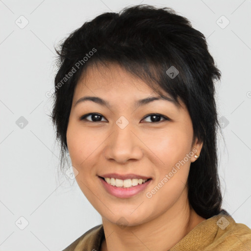 Joyful asian young-adult female with short  brown hair and brown eyes