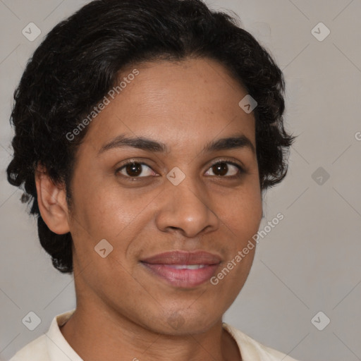 Joyful latino adult female with short  brown hair and brown eyes