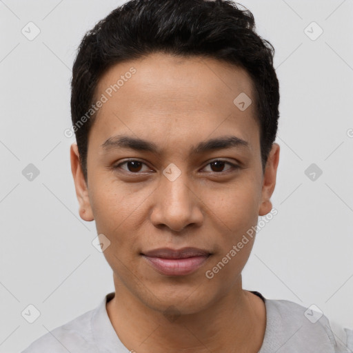 Joyful latino young-adult male with short  brown hair and brown eyes