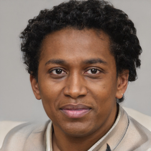 Joyful black young-adult male with short  brown hair and brown eyes