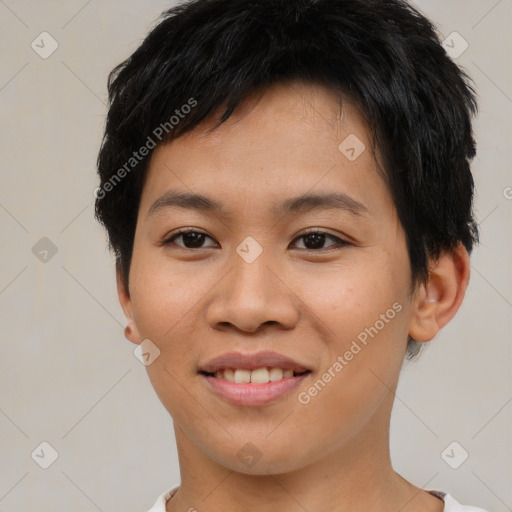 Joyful asian young-adult female with short  brown hair and brown eyes