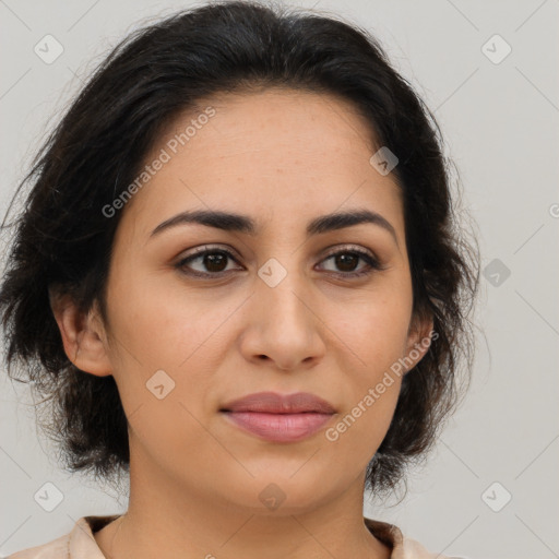 Joyful latino young-adult female with medium  brown hair and brown eyes