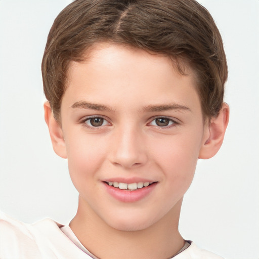 Joyful white child female with short  brown hair and brown eyes