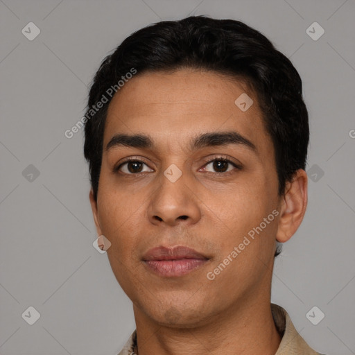 Neutral latino young-adult male with short  black hair and brown eyes