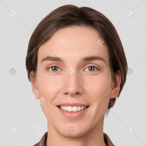 Joyful white young-adult female with short  brown hair and grey eyes