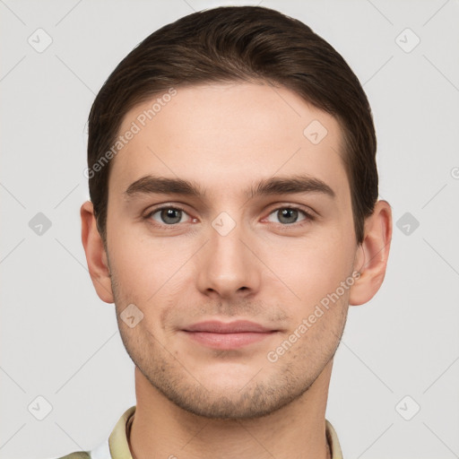 Neutral white young-adult male with short  brown hair and grey eyes