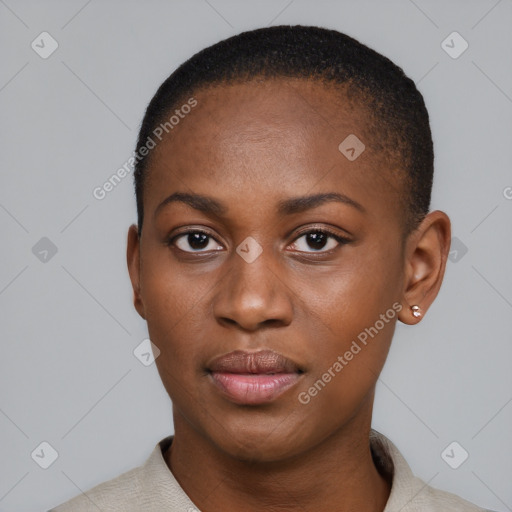 Neutral black young-adult female with short  brown hair and brown eyes