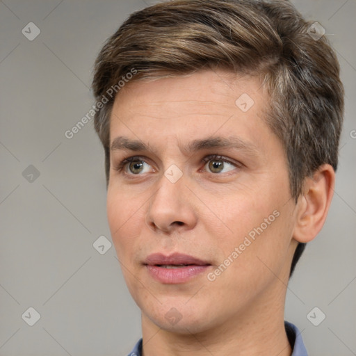 Joyful white adult male with short  brown hair and brown eyes