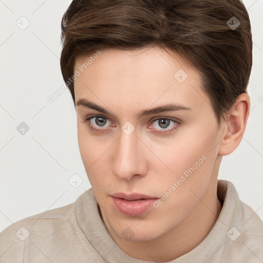 Neutral white young-adult female with short  brown hair and brown eyes