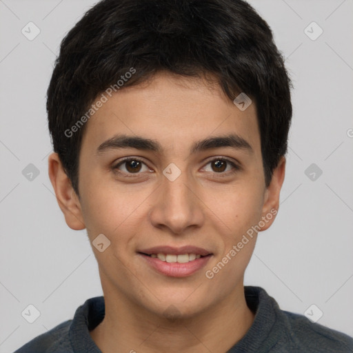 Joyful latino young-adult male with short  brown hair and brown eyes