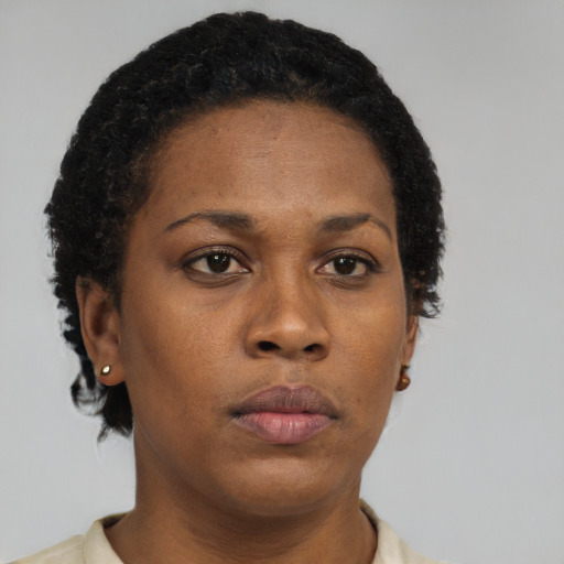 Neutral black young-adult female with short  brown hair and brown eyes