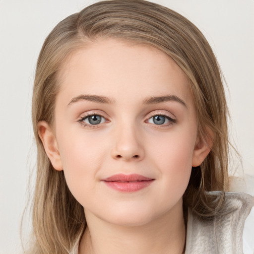 Neutral white child female with long  brown hair and grey eyes