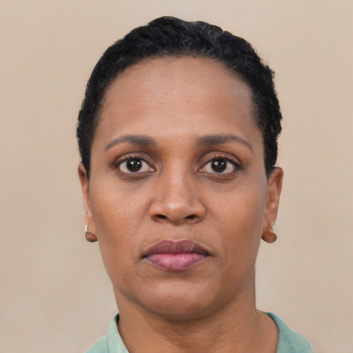 Neutral black young-adult female with short  black hair and brown eyes