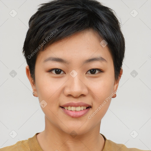 Joyful asian young-adult female with short  brown hair and brown eyes