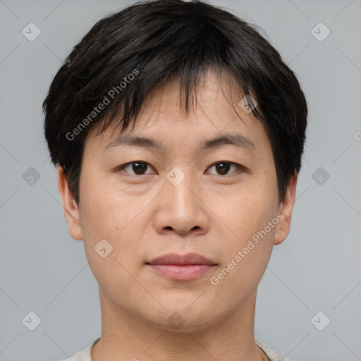 Neutral asian young-adult male with short  brown hair and brown eyes