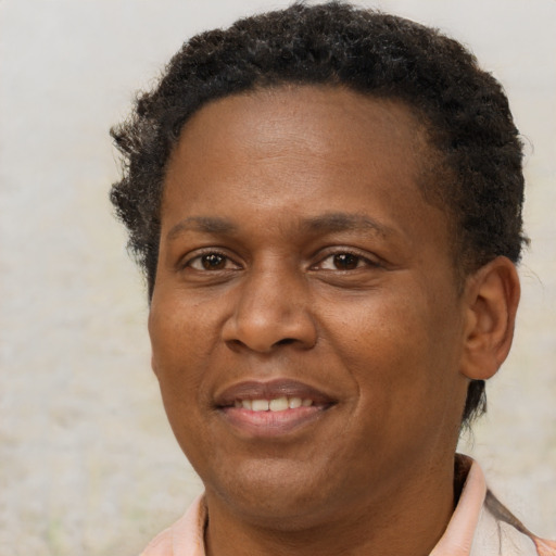 Joyful black adult female with short  brown hair and brown eyes