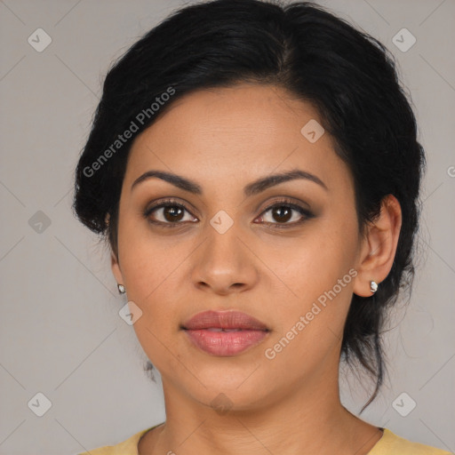 Joyful latino young-adult female with medium  brown hair and brown eyes