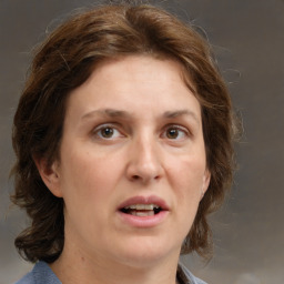 Joyful white adult female with medium  brown hair and grey eyes